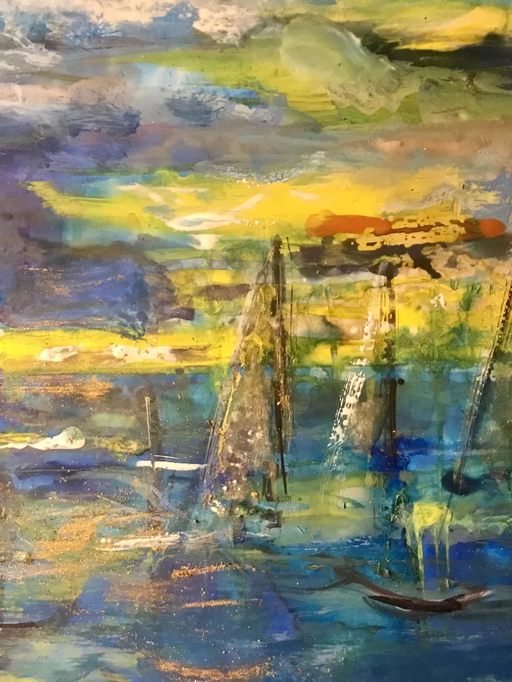 Sunset mirage,mix media painting on yupo paper,fantasy sea boats abstract painting,gift,home decoration,wall hanging