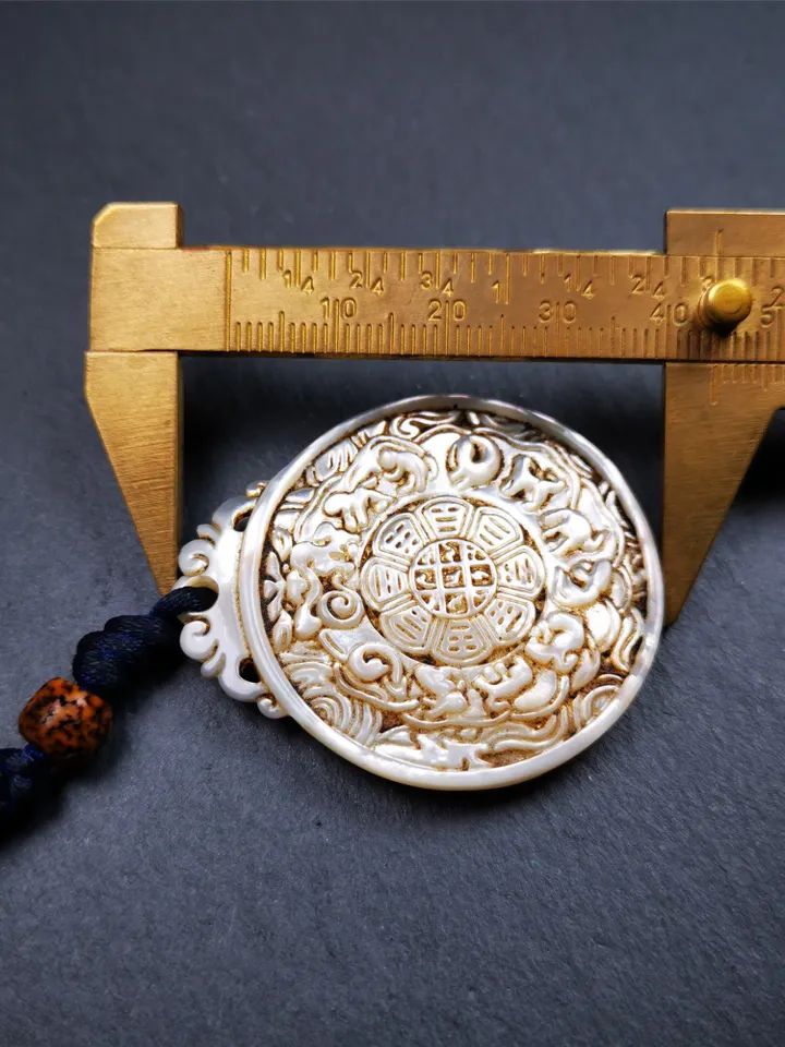 Antique Tibetan Buddhist Calendar Badge,Shell Carved Sipaho - Melong Mirror - Astrology Amulet Pendant - Protection & Feng Shui Decor