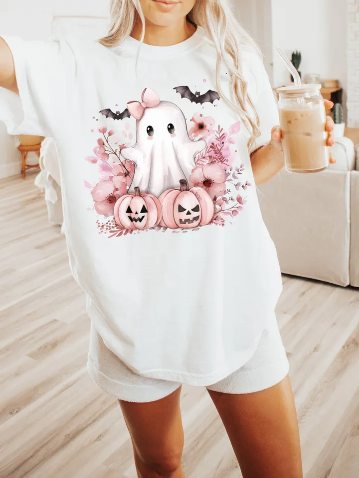 Pink Halloween PNG, Spooky Ghost, Autumn sublimation design, Fall PNG, Pumpkins, leaves PNG, Watercolor Sublimation, Coquette Pink Ghouls