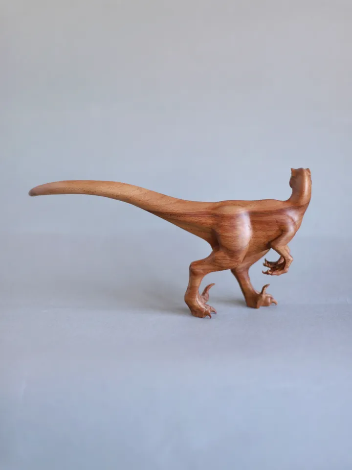 Wooden dinosaur Velociraptor, wooden hand carved sculpture