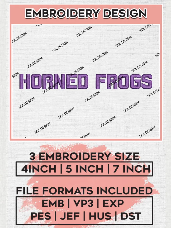 NCAA Horned Frogs College Team Word Logo Embroidery Design Files, NCAA TCU Horned Frogs Machine Embroidery, NCAA Teams, 3 sizes, NCAA Machine embroidery designs, Digital Download