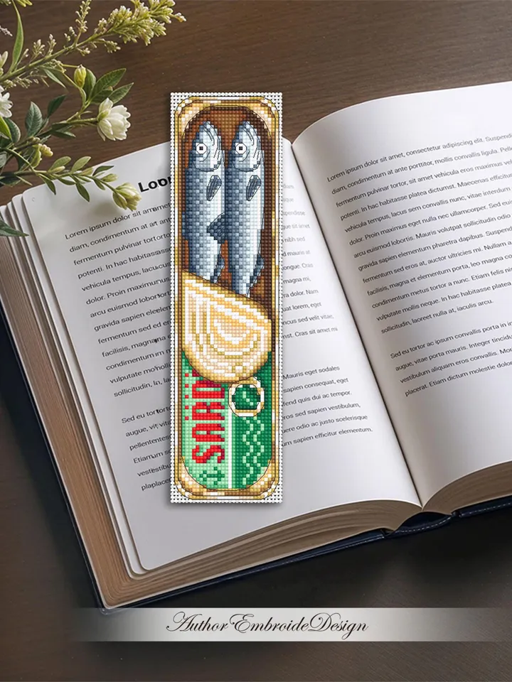 Sardine bookmark cross stitch pattern PDF download Canned sardines cross stitch chart, Funny bookmark pattern digital PDF, Small fish #B437