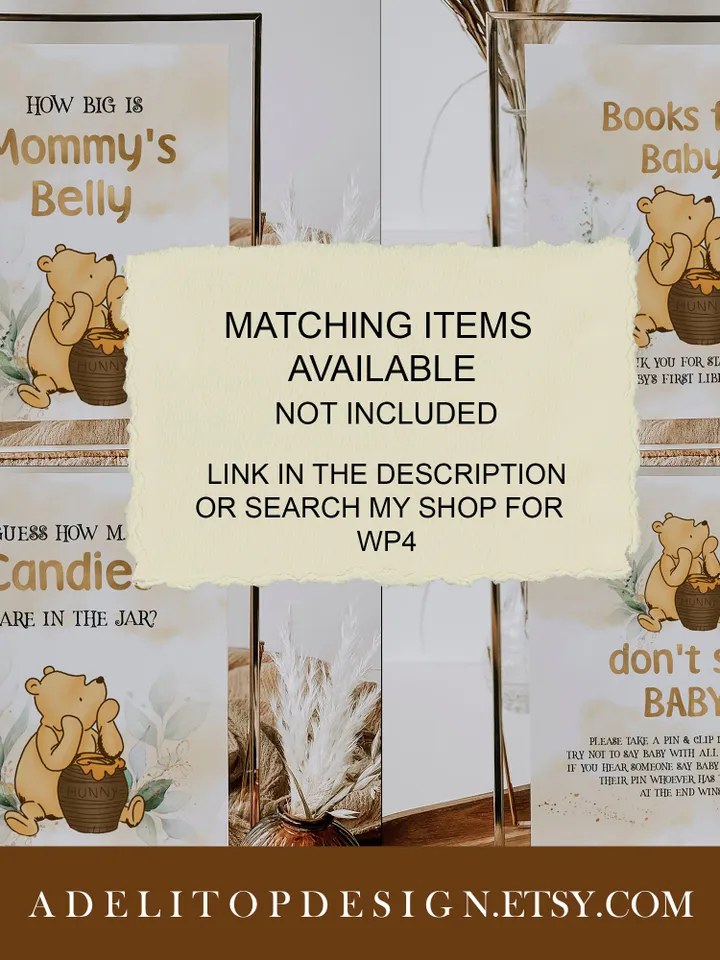 Classic Winnie Pooh Baby Shower Invitation Set; Girl Baby Shower Template; Gentle Rose Baby Shower Invite; Honey Bear Invite; Winnie Templat