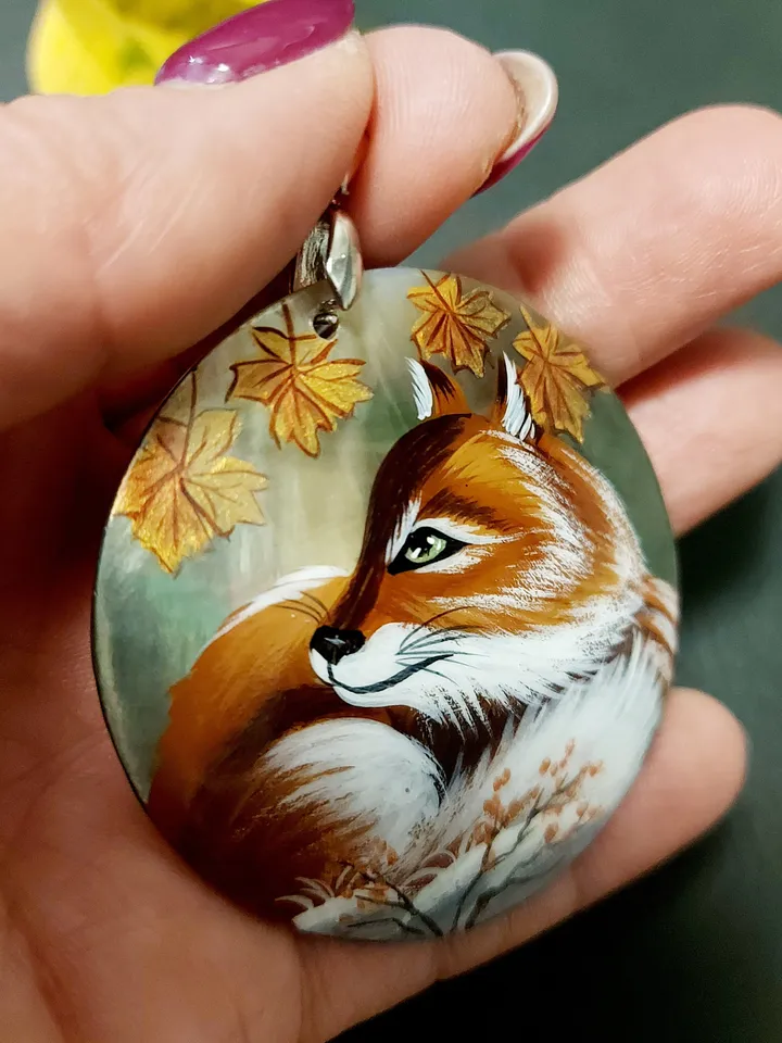 Beautiful Pendant Mother-of-pearl"Fox". miniature Hand-painte. Russian jewelry. Art gift.Wildlife gift. Fox lover gift. Forest jewelry.
