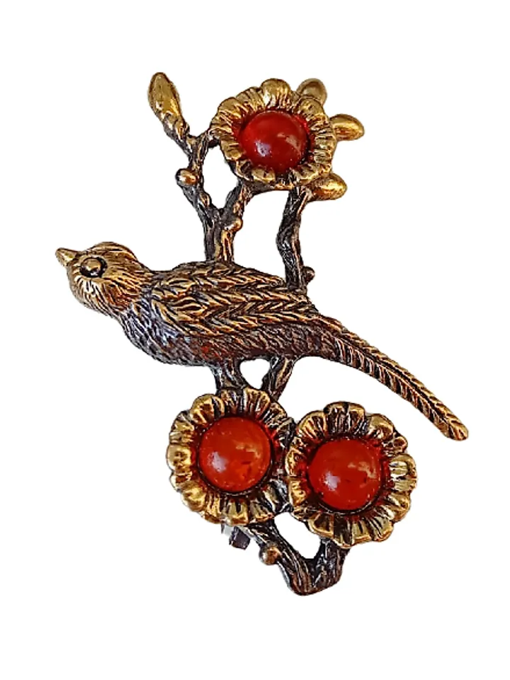 Bird on a branch with flowers Brooch Jewelry Nice gift for girl women Gold Red amber brooch Paradise Bird Brooch Summer jewelry Christmas small gift