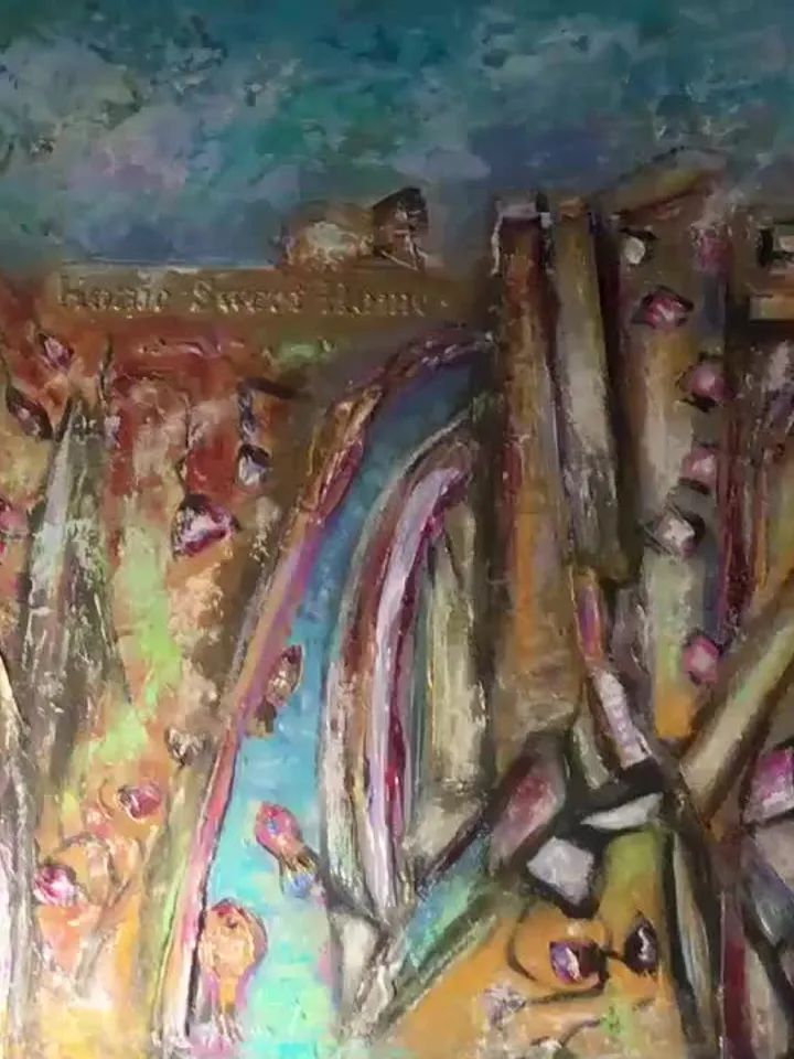 Fish town,original acrylic mix media fantasy painting ,collage wall art,fantasy town painting on cardboard,wall decoration.