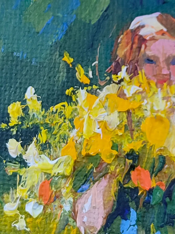 Original Art Yellow Flowers and Girl Wall Art Oil Painting Impasto Artwork Canvas Art Small Painting 6 by 6 inches