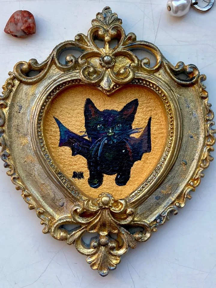 Bat Painting Small Framed Art Goth Painting Bat Gifts, Mini Gold Framed Decor, Cat Bat, Black Cat Art, Tiny Art Whimsigoth Decor