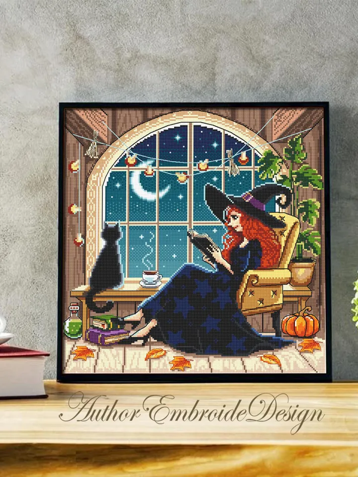 Reading witch cross stitch pattern PDF download Witch home cross stitch chart, Halloween witch pattern digital PDF, Cozy fall window #H88