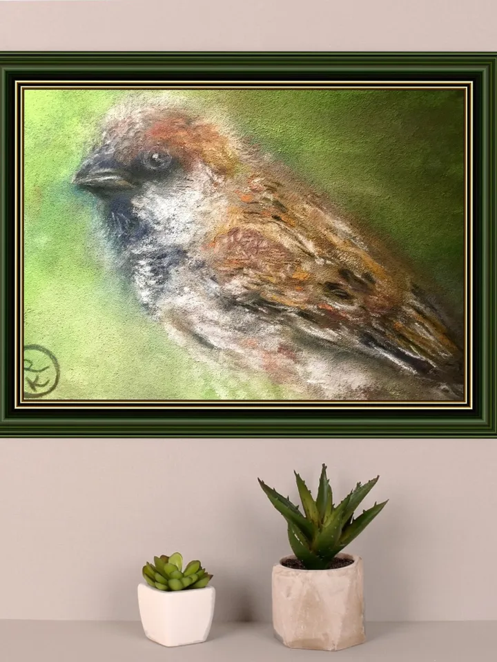 Sparrow bird original soft pastel painting on cardboard,nature,birds paintings,small painting gift,home decoration.