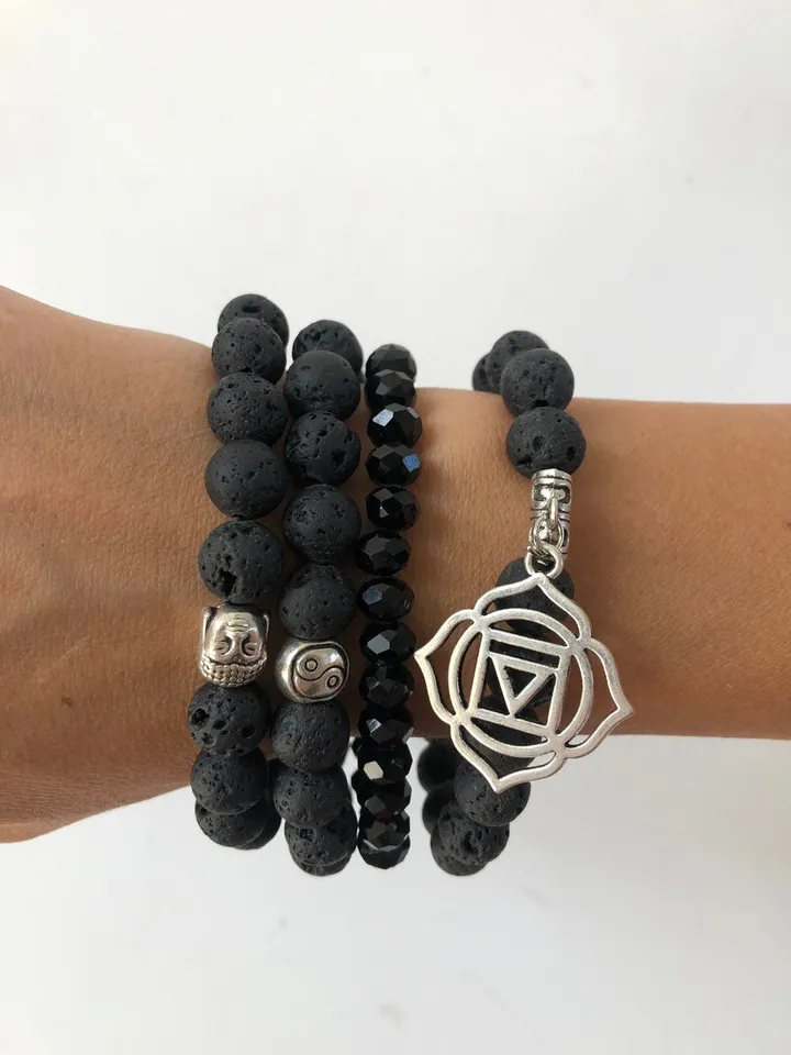 Set of Four Lava and Crystal Black Handmade Bracelet | Woman Bracelet Set | Lava Carka Buddha Ying Yang Spiritual Bali Oil Diffuser Jewerly