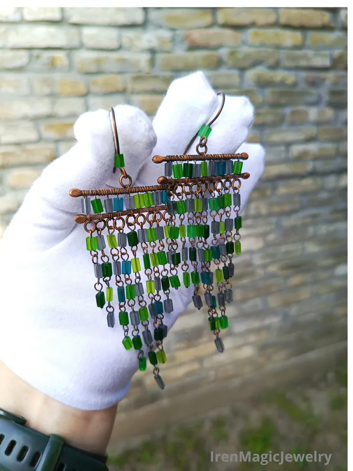 Copper Earrings with Green-Gray Beads