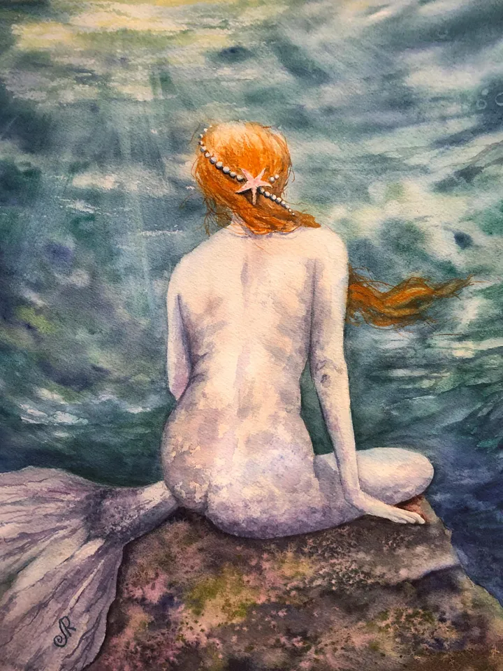 Mermaid Original Painting Woman Watercolor Wall Art