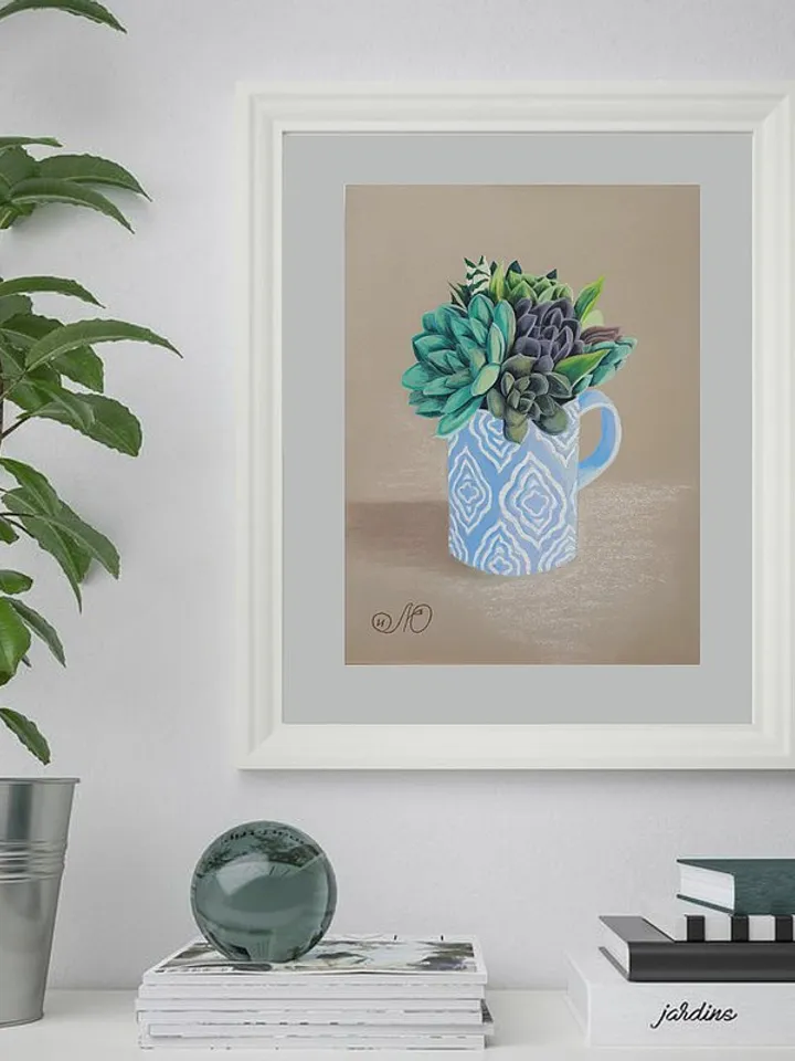 Succulent Painting Cup Original Art Cactus Wall Art Floral Soft Pastel Painting