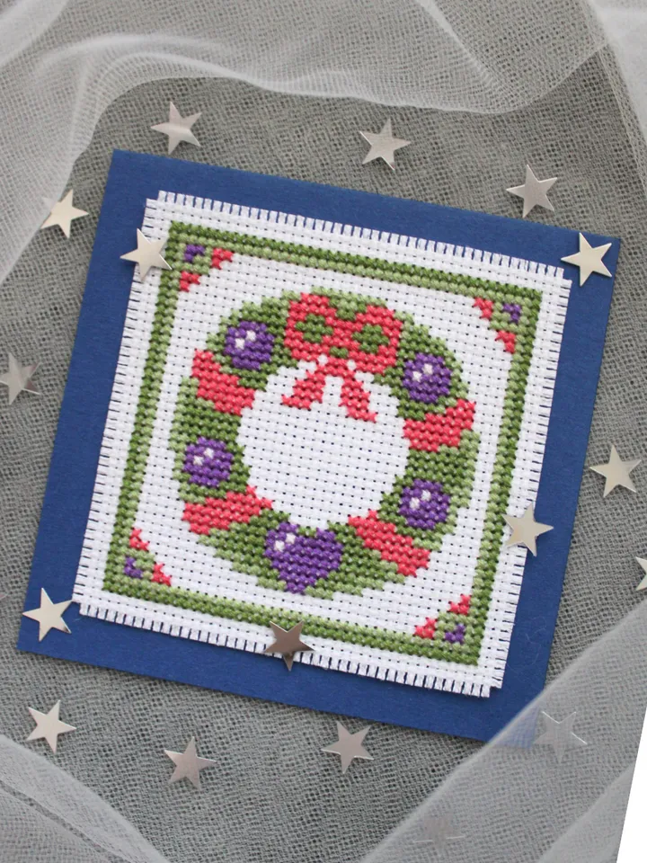 Cross stitch pattern Christmas Wreath, easy chart PDF, holiday card idea