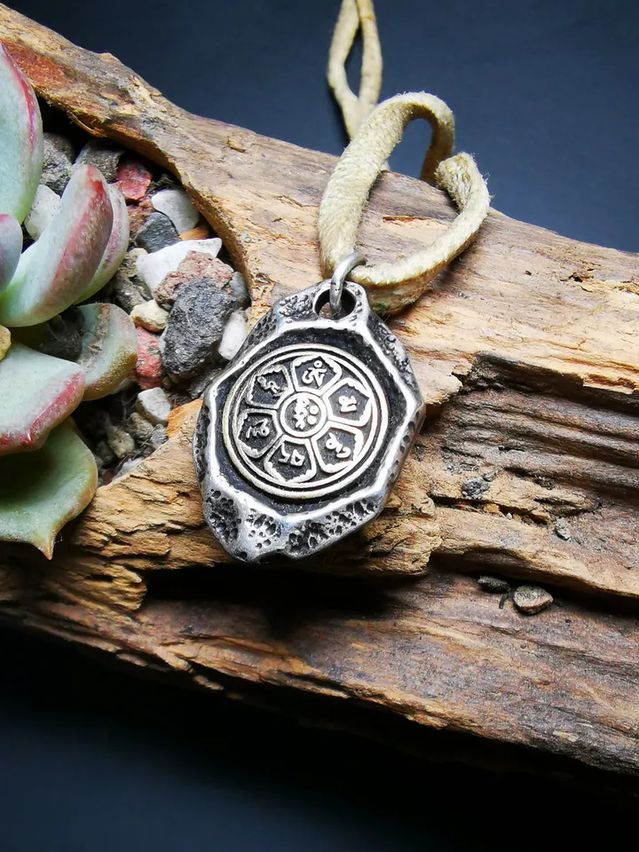 Gandhanra Handmade Tibetan Buddhist Protective Pendant,Om Mani Padme Hum Mantra Amulet,Sterling Silver Gilt