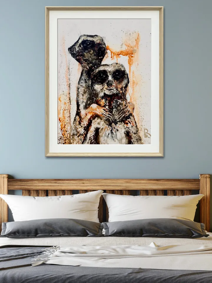 Couple of meerkats,original mix media painting on yupo paper,alcohol inks and watercolour painting,wall decoration,unique gift.