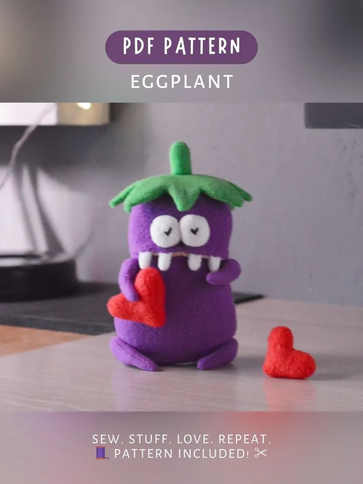 PDF plush sewing pattern β Fleece Eggplant Softie Toy DIY Guide