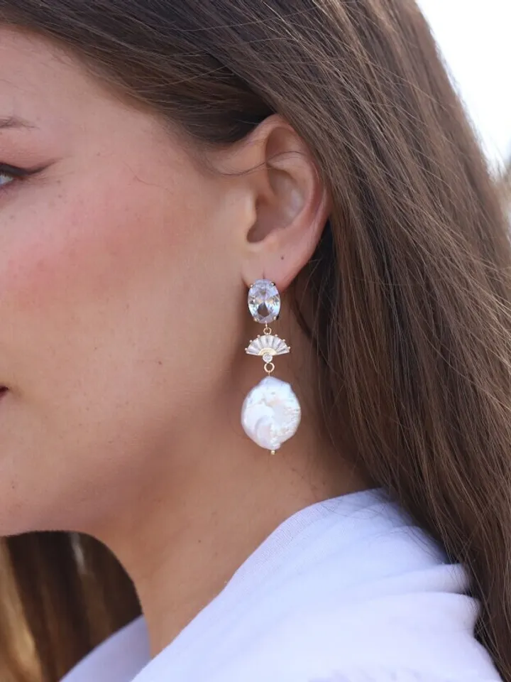 Big Baroque Pearl Art Deco Wedding Earrings, Gatsby Gold Bridal Earrings, Boho Wedding Earrings, Swarovski Statement Jewelry, 1920s Jewelry