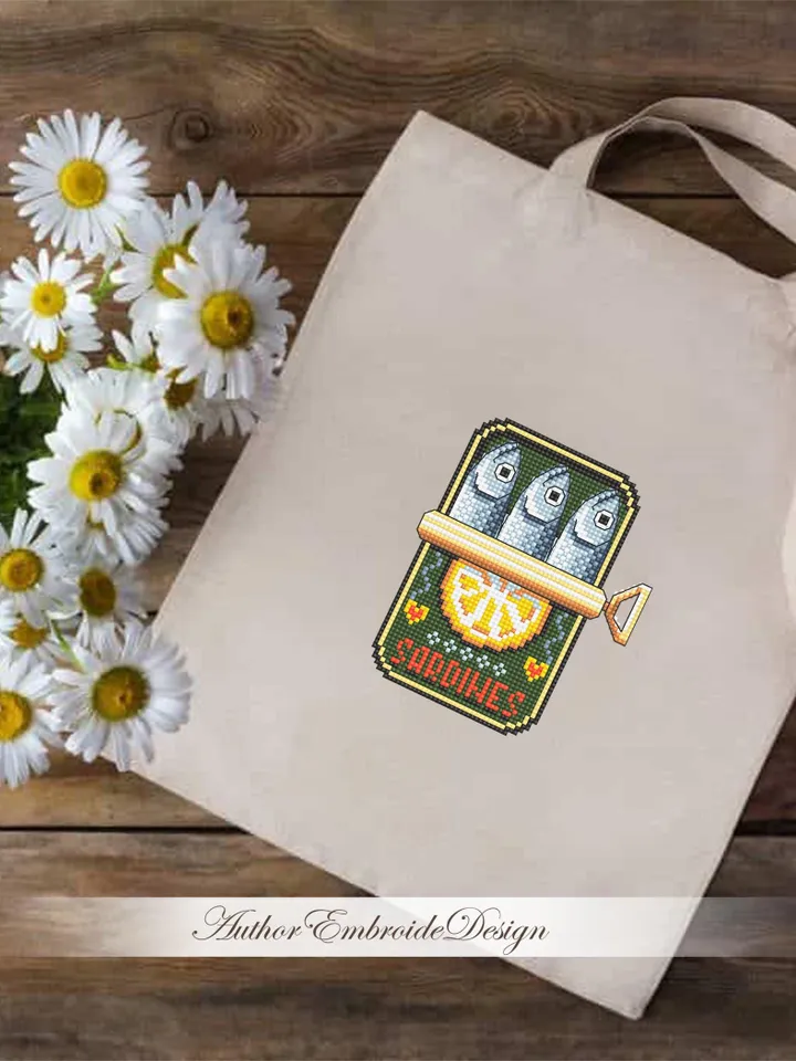 Sardines can cross stitch pattern PDF instant download Set of 3 Vintage tinned sardines cross stitch chart, Fish pattern digital PDF #F28
