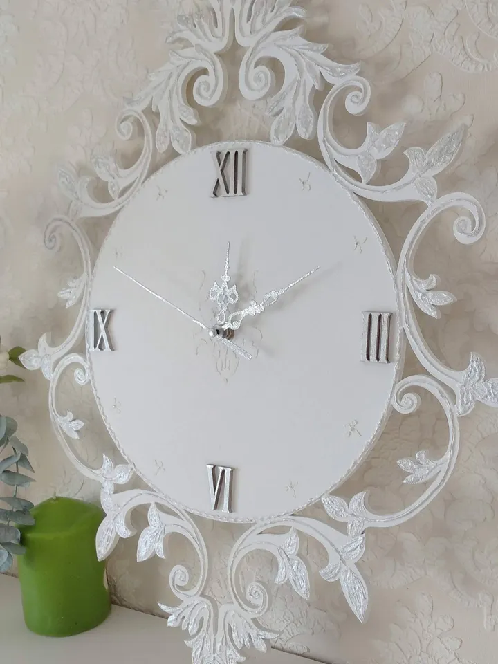 Small white wall clock with silver ornaments in vintage style Silent clock for bedroom, living room or nursery Gift for Christmas, Birthday, Mother's Day, Wedding, Housewarming