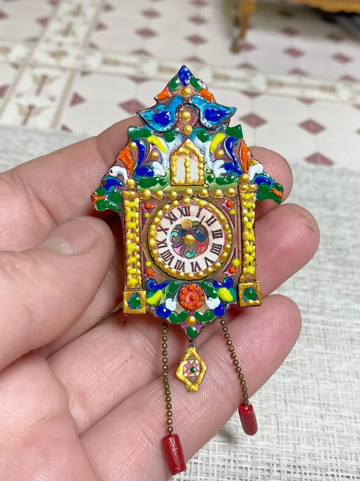 Imitation watch. Dollhouse miniature. Handmade. Author's design.1:12. Three-dimensional clock for a dollhouse. Wall clock.