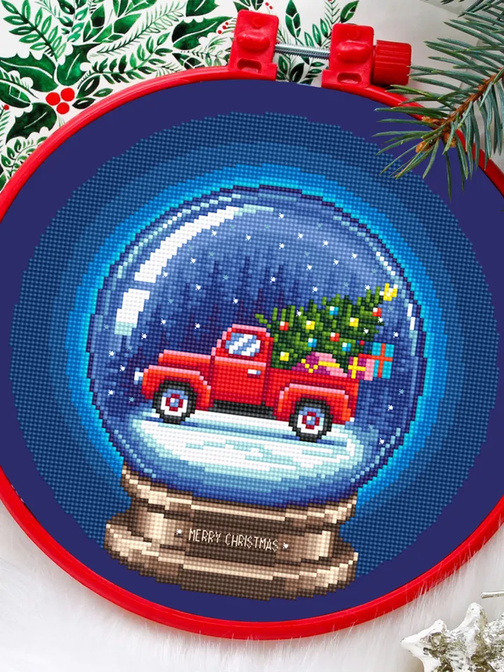 Vintage Christmas cross stitch pattern download PDF Red truck cross stitch chart, Snow ball embroidery PDF, Christmas ball cross stitch #N61