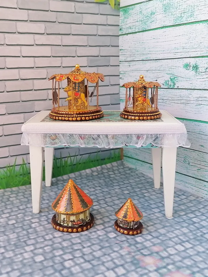 Miniature dollhouse carousel with gold trim. 1:12. Dollhouse miniature.