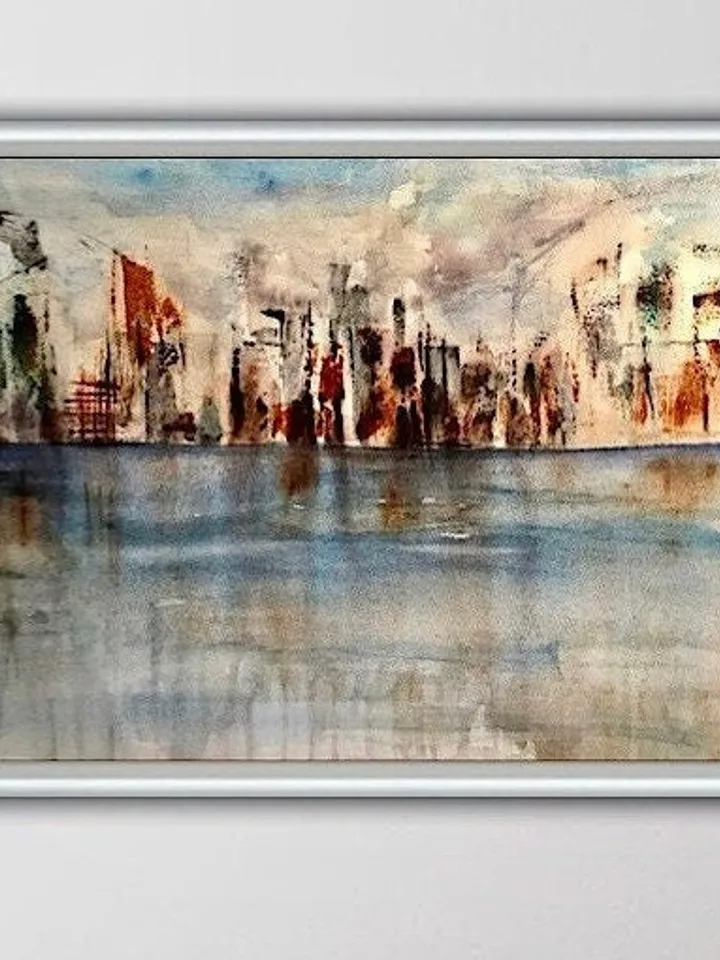 Semi-Abstract watercolour cityscape,original watercolour painting,cityscape wall art,seascape,skyline,skyscapes,blue grey copper painting