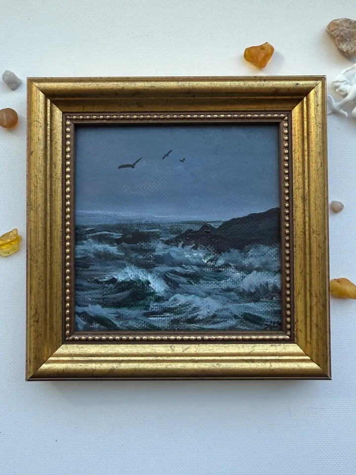Small Landscape Painting Framed Original Foggy Cliff Painting Antique Misty Art Coastal Gold Frame Tiny Paintings 4 x 4 Art Victorian artwork