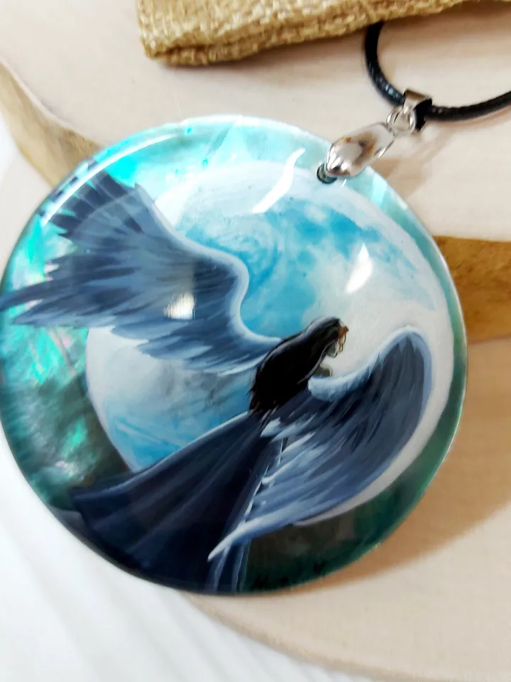 Mother-of-pearl Russian necklace "Angel". Russian lacquer miniature. An elegant gift for Mom. Pendant necklace with Russian hand-painted.