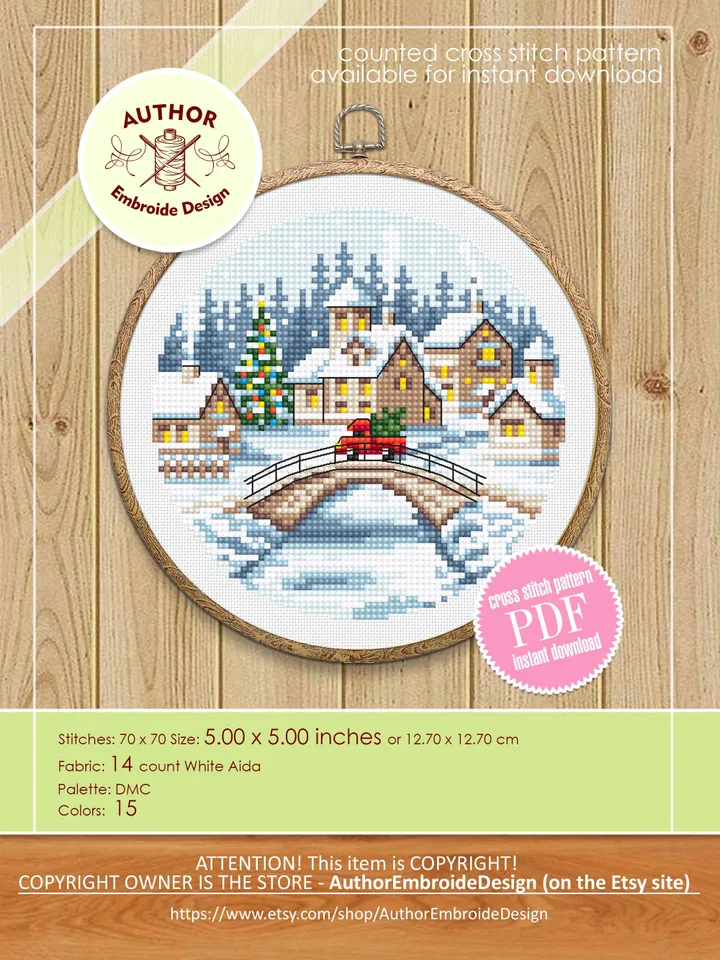 Christmas village cross stitch pattern PDF download Winter landscape cross stitch chart, Christmas pattern digital PDF, Snow landscape #N183
