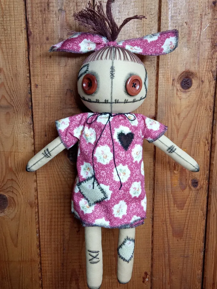 Handmade Doll With Button Eyes (Pink)