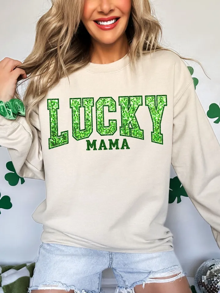 Sequin Lucky Mama Varsity PNG, St Patrick's Png, Mom Shirt, Lucky Varsity Png, St Patty's Png | Glitter Sequin | Sparkle Trendy St Patricks