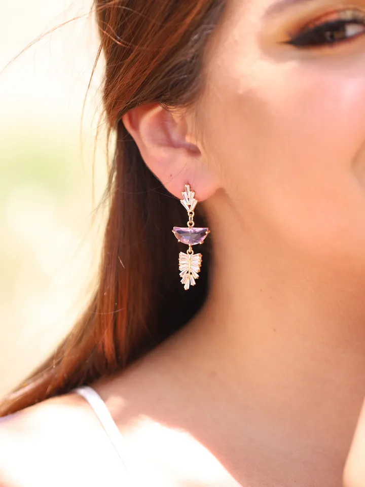 Art Deco Wedding Earrings For Bride, Purple Gold Statement Bridal Jewelry, Boho Bridal Earrings, Retro Fan Chandelier Stetement Earrings,