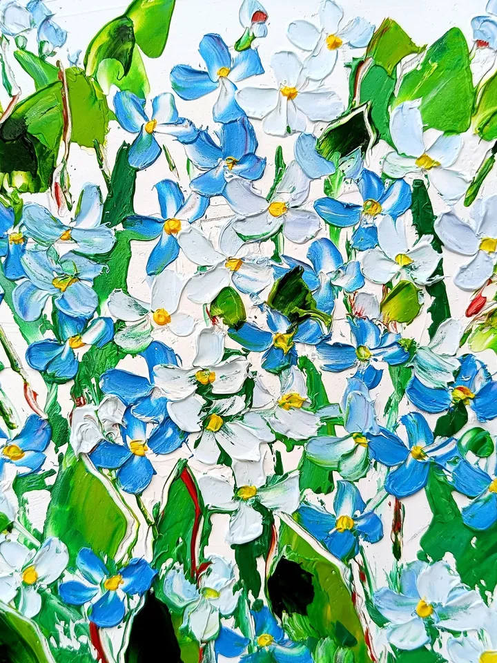 Blue Flowers Oil Painting Spring Forget-me-nots Original Art Botanical Impasto Art Home Neutral Decor Mother's Day Gift by ArtProkopaloSv