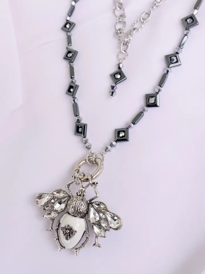 Handmade luxury bee necklace, silver bee pendant, statement bee jewelry, bee gift for her, long bee necklace