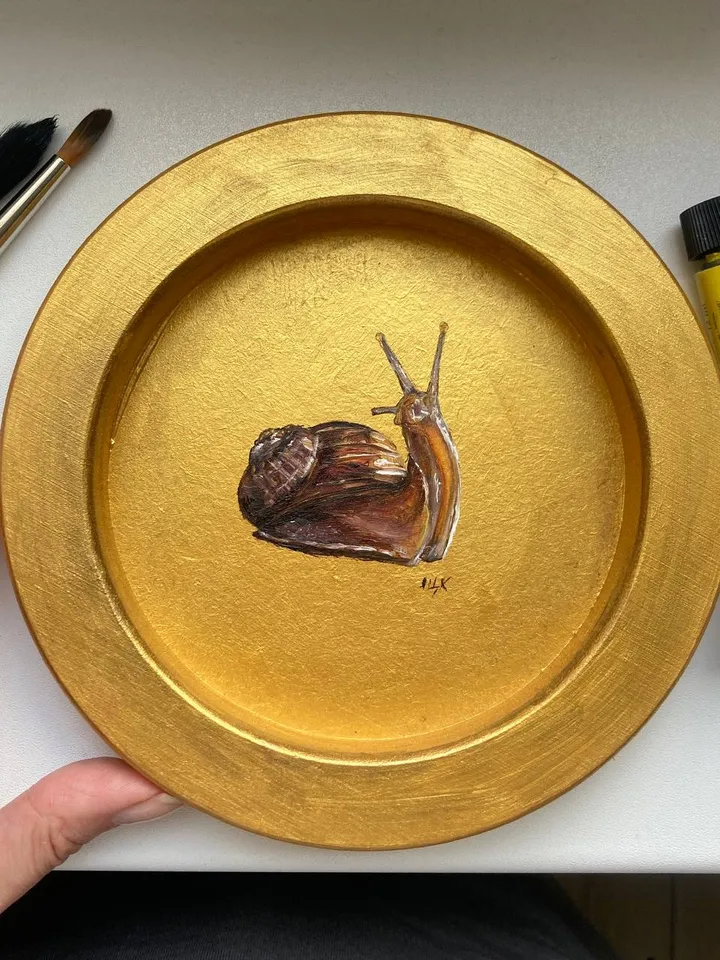 Framed Snail Oil Painting Original Round Art Gold Frame Painting Academia