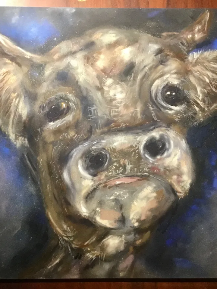 Cow in love,original soft pastel painting on pastelmat,animals pastel painting,one of a kind artwork,wall hanging,gift.