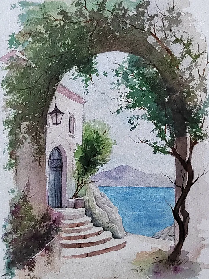 Greek Landscape Artwork Original Watercolor Painting Arch & Grape Vine 8.27x11.42 in by Art Café