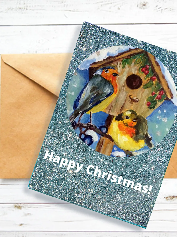 Digital greeting card, Christmas holiday card, Robin bird haid painted, Printable Xmas card