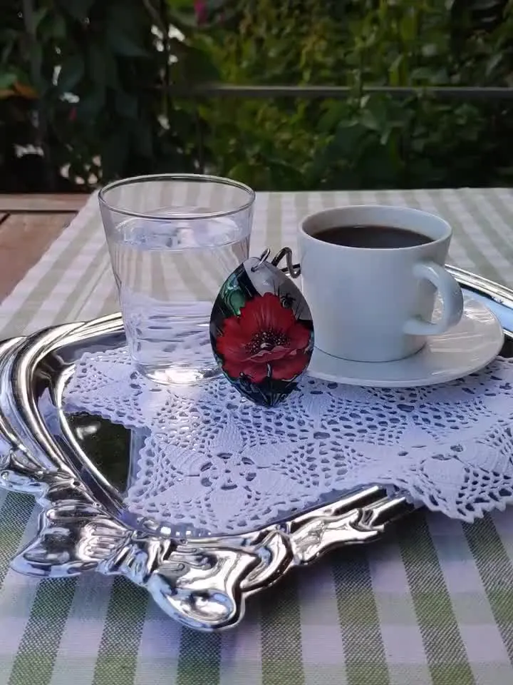 Pearl pendant necklace: Big red poppy flower on handmade necklace • Hand painted statement jewelry for dress • unique trendy floral necklace