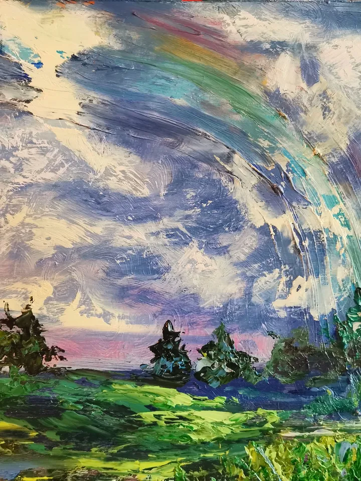 Rainbow River Pond Forest Sky Original Impasto Art Oil Painting Artist Svinar Oksana