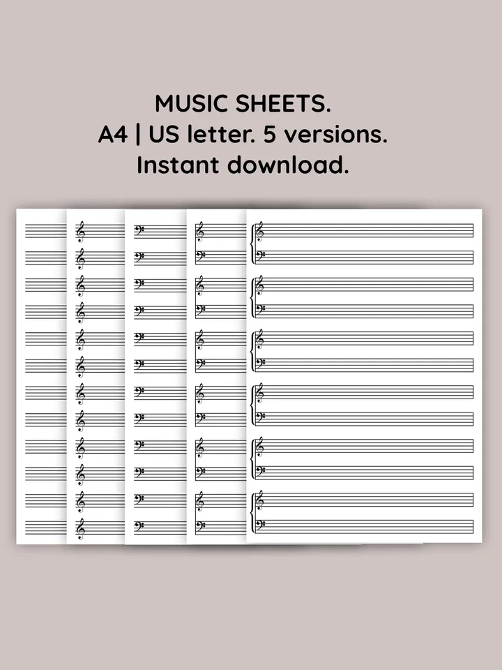 Set of blank music scores for musicians, teachers, and composers. Printable blank music stave. Blank piano sheet music.