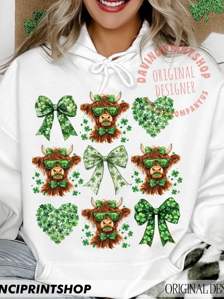 St Patrick's Day Highland Cow PNG, St. Patrick's Day Heart Clover, Coquette St. Patrick's png, Shamrock png, St Patrick's Day png, Irish png