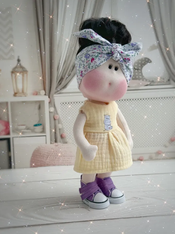Handmade Rag Doll with set of clothes. Textile Doll with dark brown hair. Tilda Doll for gift.