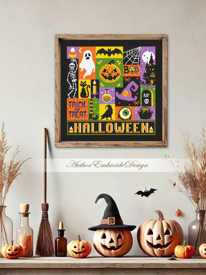 Halloween sampler cross stitch pattern PDF download Spooky cross stitch chart, Cute Halloween pattern digital PDF, Happy Halloween #H80
