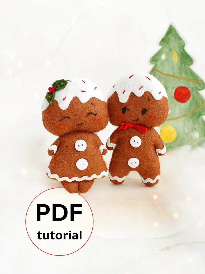 Felt gingerbread boy and girl hand sewing PDF tutorial with patterns. DIY Christmas tree ornaments. Soft toy pattern