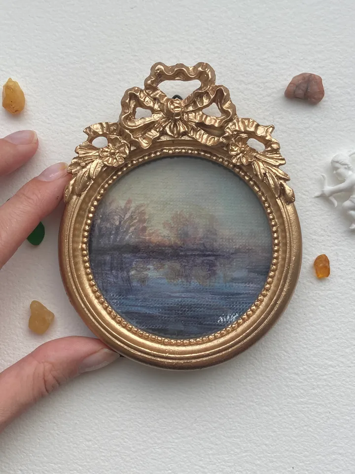 Round Forest Painting Landscape Dark Art Original Moody Victorian Painting Small Framed Wall Decor Gold Frame 4 by 4 Art