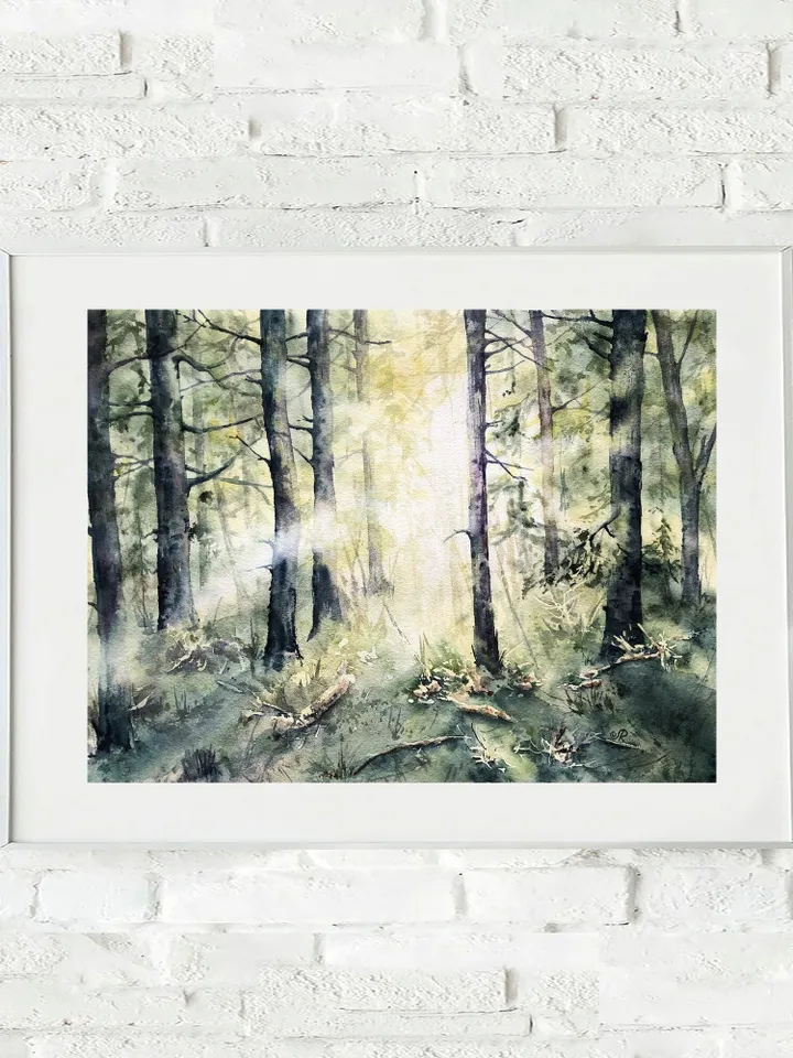 Forest Painting Original Trees Watercolor Painting Sunset Wall Art